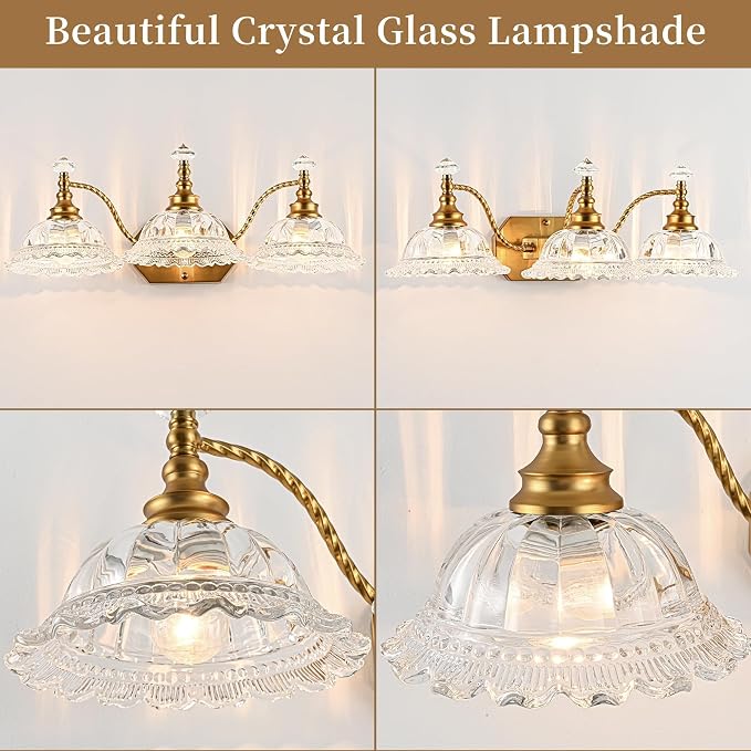 Vintage Bathroom Light Fixtures, 3-Light Brass Vanity Lights with Floral Clear Glass Shades, Retro Wall Sconce for Bedroom, Living Room, Hallway