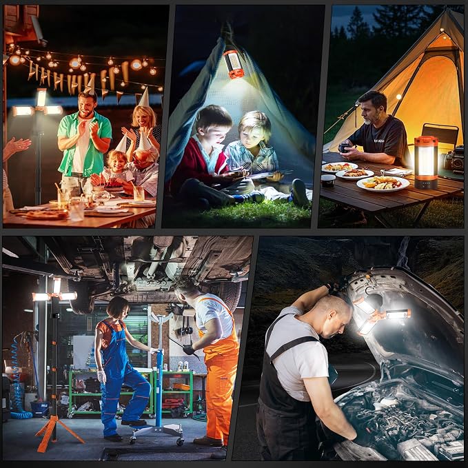AKOFUN 12000mAh Camping Light with Stand, Portable Rechargeable Work Light | 10000 Lumen Dimmable Cordless Work Light with 3 LED Lamp Heads, Magnetic Emergency Flashlight with 79" Detachable Tripod
