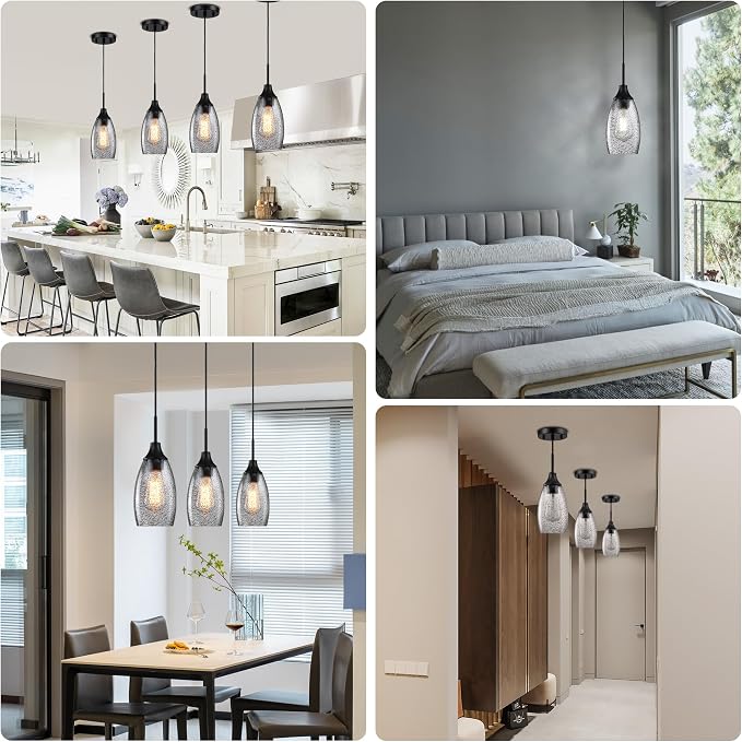 Viinew Mini Glass Pendant Light,1-Pack Black Seeded Glass Pendant Light | Handblown Grey Seeded Art Oval Glass Shade Adjustable Cord Lamp Ceiling Pendant Light Fixture for Kitchen,Dining,Bedroom