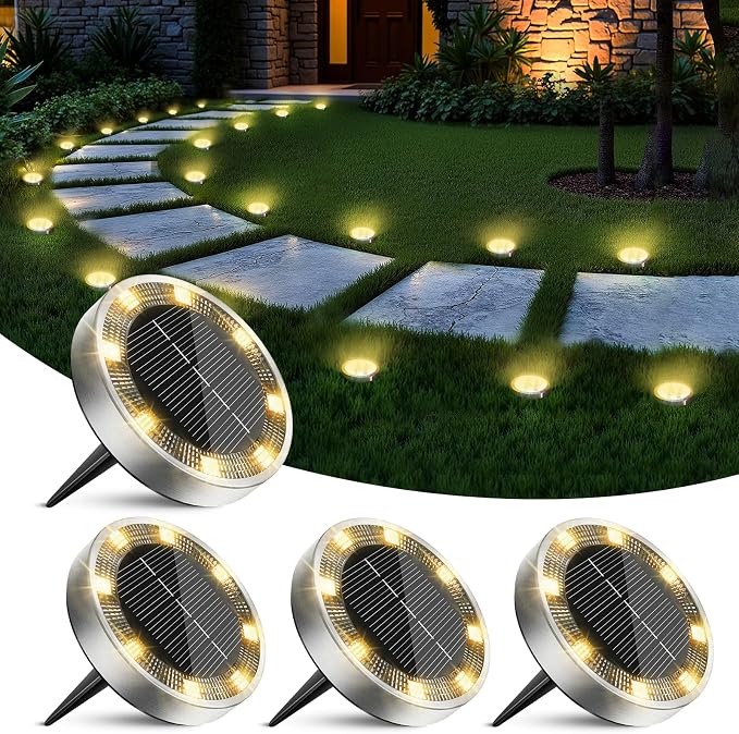 4 Pack Solar Ground Lights Outdoor, 8 LED Mini Flat Solar Disc Lights, IP65 Waterproof Pathway Lights Solar Powered, Landscape Lighting for Garden Walkway Driveway Yard Lawn,Warm White