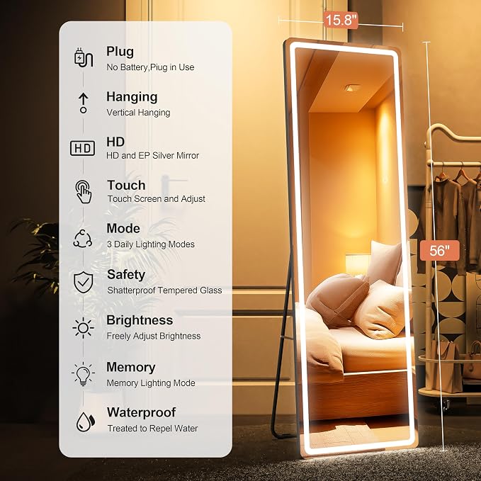Full Length Mirror with Lights, 56" x 15.8" LED Lighted Floor Standing Body Mirror, Dimmable & 3 Color Lighting for Cloakroom, Dressing Room, Tempered Glass, Rounded Corner Black