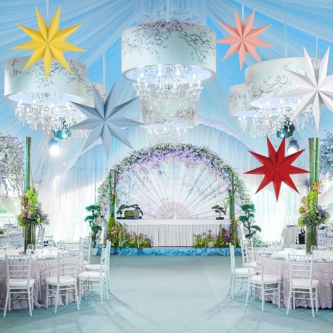 5Pack 9-Pointed Paper Star Lantern 11.8 inch Hanging Paper Lampshade for Winter Wonderland Xmas Day Decoration Wedding Birthday Party Home Decor (Multi-Colored)