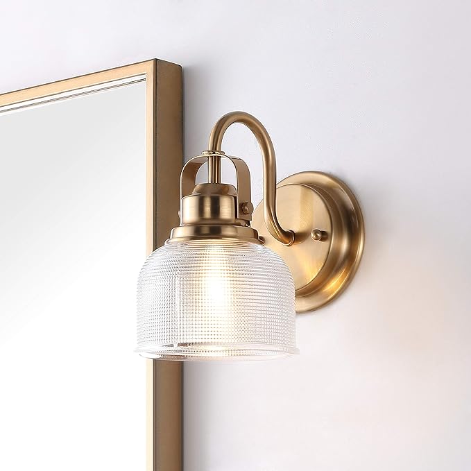 JONATHAN Y 5.75" Brass Gold Modern Bathroom Vanity Light, 1-Light LED Wall Sconce, Clear Glass Bell Shade for Mirror Hallway Kitchen, ETL Listed, LED Bulb Included (JYL7407B)