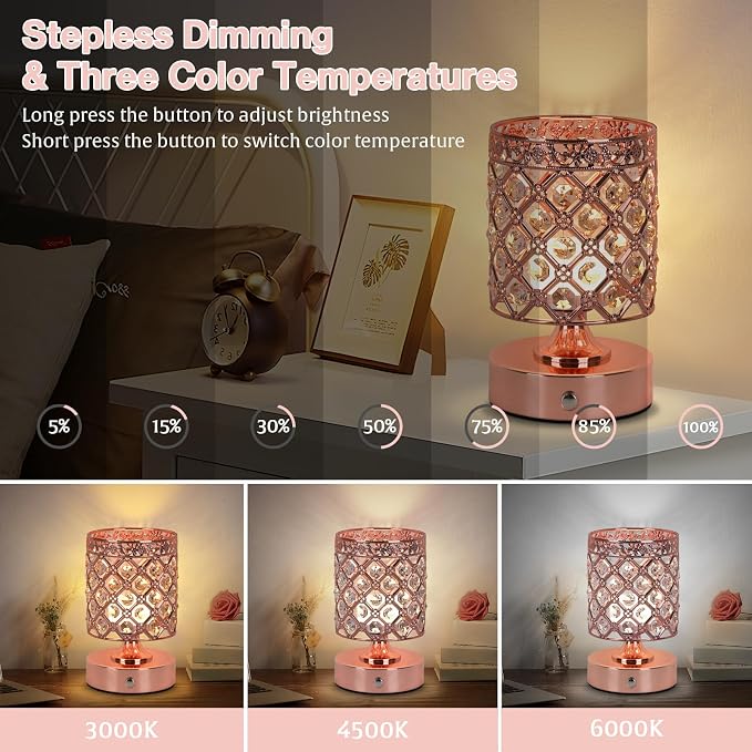 Rose Gold Small Crystal Rechargeable Cordless Table Lamps Set of 2 | 6000mAh Battery, 3 Color Temps, Stepless Dimming, Touch Control, Portable Wireless Night Light for Bar Bedroom Living Room