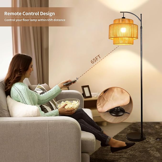 ILLMTW Rattan Floor Lamp for Living Room Bedroom Boho Arc Standing Lamp with Remote Dimmable Black Farmhouse Wicker Bamboo Lamp Shade Floor Light Tall Lamp Industrial Floor Lamps Bohemian Decor