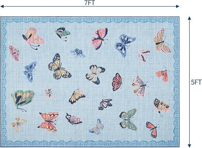 GarveeHome Butterfly Area Rug 5x7, No Slip Washable Rug, Modern Bedroom Rug Under Bed Ultra Carpet, Low-Profile Rugs for Living Room Bedroom Dining Room, Light Blue