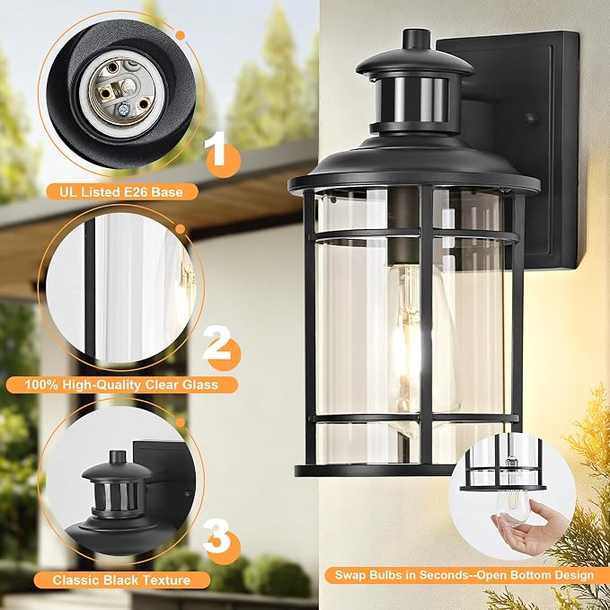 Motion Sensor Outdoor Wall Lights-Dusk to Dawn Porch Light,Black Outdoor Lights Fixture,3 Lighting Modes Waterproof Anti-Rust Outdoor Lights for House Porch Garage (2 Pack