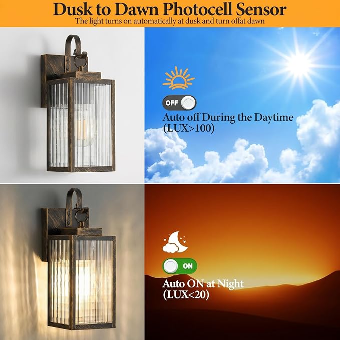 11.8" Black Brush Gold Dusk to Dawn Porch Light, Designer Metal Sconce | Dual-Tone Luxury, Matte Black & Brushed Gold, Checkered Glass, Dusk to Dawn Automation, Weatherproof & Pre-Assembled