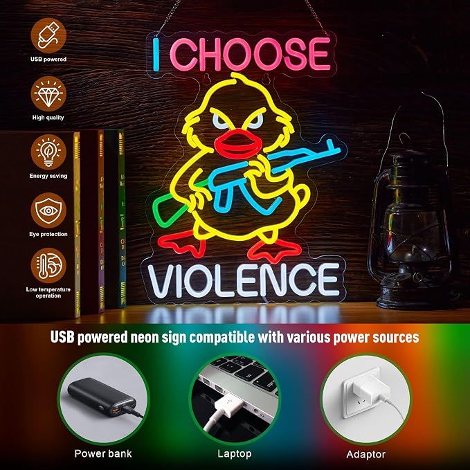 I Choose Violence Duck Neon Sign Goose Gun LED Light AK 47 Decor, USB Powered Dimmable Morale Art Signs for Pub Store Man Cave Room 16.5 X 12.6 inch