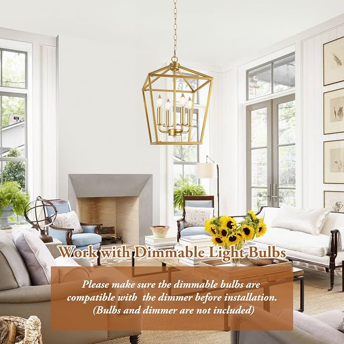 Gold Farmhouse Chandelier, 4-Light Foyer Lighting Fixtures for Dining Room | Industrial Kitchen Lantern chandelier Over Table, Pendant Island Ceiling Light for Entryway, Metal Cage Adjustable Height