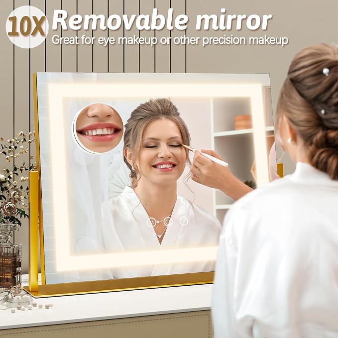 ROLOVE Vanity Mirror with Lights 22"x18", Lighted Makeup Mirror with 10X Magnification, Smart Touch 3 Colors Dimmable, 360° Rotation, Women Gift, Dresser Mount, Bathroom (Gold)