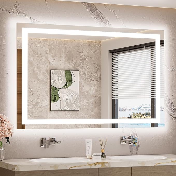 LED Bathroom Mirror with Lights 40 x 24 Brighter Light up Mirror for Bathroom Vanity, Front and Backlit 3-Color Dimmable Illuminated Antifog Mirror Wall Mounted, Waterproof, Tempered Glass