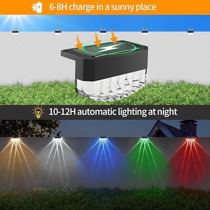 Solar Fence Lights Outdoor,6 Pack Solar Deck Lights,8 Fixed Colors ＆ Color Changing Modern Solar Powered,Waterproof LED for Step Stair Patio Backyard Porch Railing Halloween Christmas