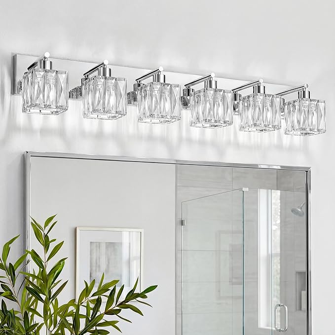 VOLISUN Chrome Bathroom Light Fixtures, Modern Stainless Steel Bathroom Lighting Fixtures Over Mirror, 6 Light Bathrooms Vanity Light, Crystal Vanity Light for Bathrooms-UL Certificated(Exclude Bulb)