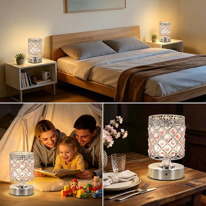 Pink Small Crystal Rechargeable Cordless Table Lamps Set of 2 | 6000mAh Battery, 3 Color Temps, Stepless Dimming, Touch Control, Portable Wireless Night Light for Bar Bedroom Living Room