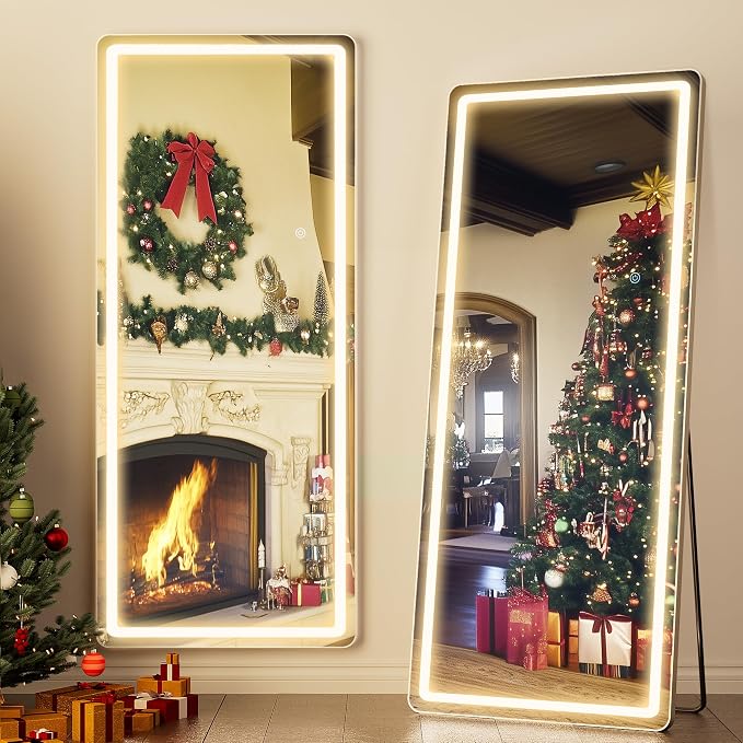 Antok LED Full Length Mirror with Light, 71"x28" Lighted Full Body Mirror with Stand, Dimmable & 3 Color Lighting Standing/Leaning/Wall Mounted Vanity Mirror for Bedroom Cloakroom Livingroom(Rect)