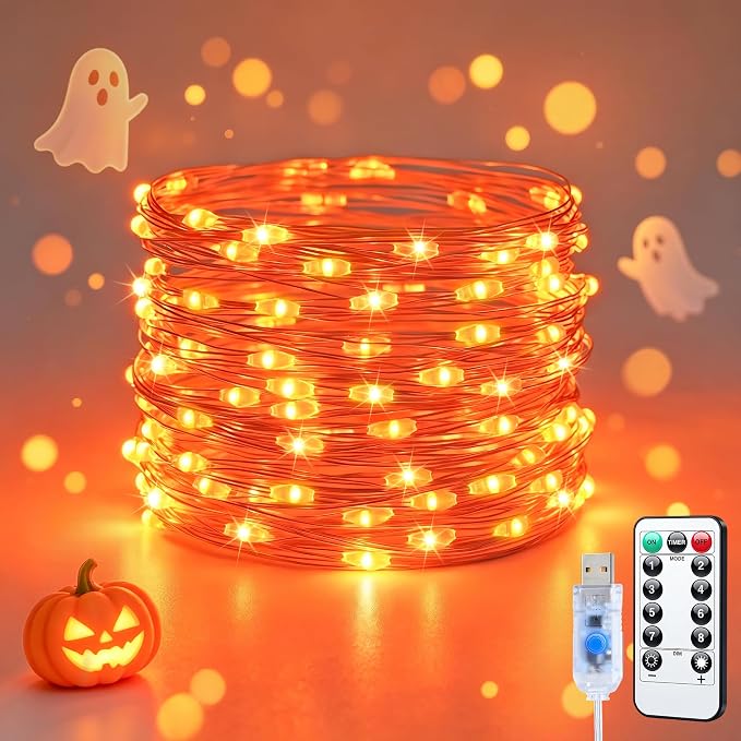 JMEXSUSS 100 LED USB Orange Fairy Lights Plug in, 33 Ft Orange Lights | Mini Twinkle Fall Lights for Indoor Fireplace Tree Autumn Thanksgiving Party Car Halloween Decor, Remote with 8 Modes, DIY