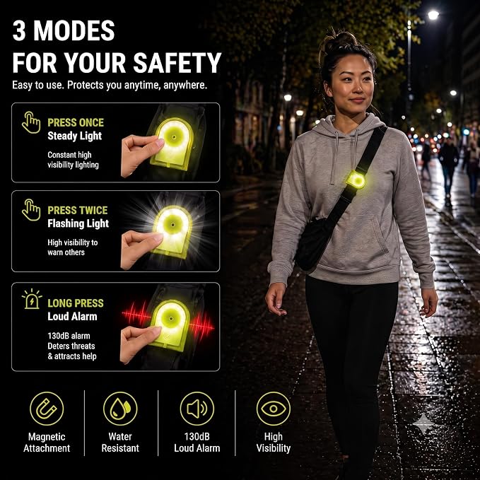 Clip-On Personal Safety Alarm 130dB for Women with LED Strobe | Rechargeable Wearable Safety Alarm for Women with 19-LED Ring Strobe,Magnetic Clip,Charging & Outdoor Running Protection