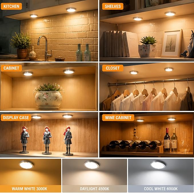 USB LED Puck Light, Dimmable 3 Color temperatures under cabinet (1Pack) | Dimmable, 3 Color Temperatures, Inline Switch, Lighting Setup Memory, Under Cabinet, USB DC 5V, 78.74in Long Cable