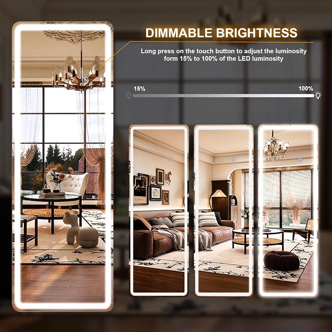 Easly 26x68 inch Full Length Mirror with Lights, LED Lighted Floor Standing, Hanging Mirror Full Length with Stand Free, Full Body Dressing Mirrors with Dimmable 3 Color LED