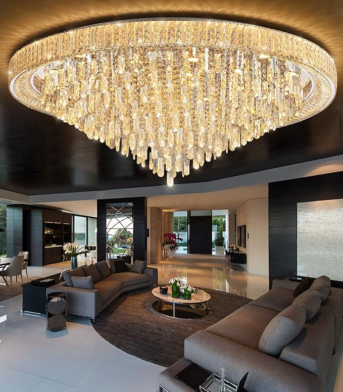 53.7" Modern Chandeliers LED Dimmable Crystal Flush Mount Ceiling Chandeliers for Living Room High Ceiling Entrance Foyer Lobby Bedroom Silver