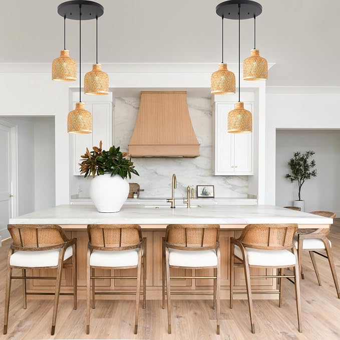 3-Light Bamboo Woven Pendant Light Boho Rattan Hanging Chandelier with Adjustable 59" Cord, Farmhouse Wicker Shade Ceiling Light Fixture for Dining Room Kitchen Island Living Room
