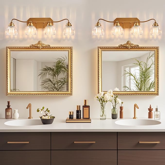 4 Light Gold Vintage Vanity Lights, Antique Brass Finish | Clear Tulip Crystal Shades,Brushed Gold Bathroom Light Fixtures, Wall Sconce Ideal for Bedroom, Hallway, Easy to Install