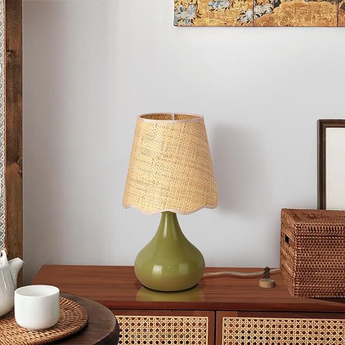 Green Small Touch Control Table Lamp for Bedroom,Green Bedside Lamps for Nightstand,Cute Mini Small Table Lamps for Small Spaces with Scalloped Shade for Kitchen Counter,Bookshelf,Living Room