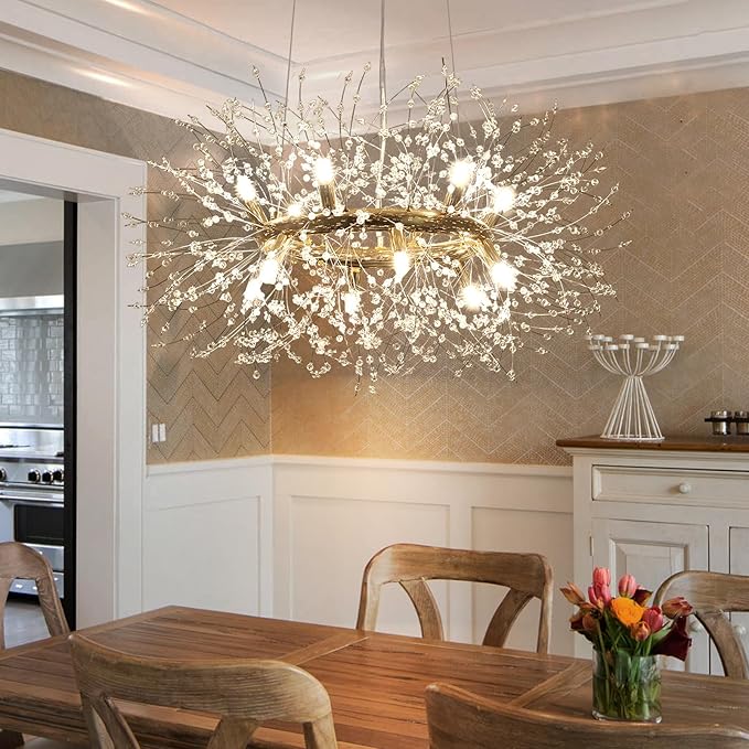 Dandelion Chandelier, 12-Light Gold Firework Crystal Chandelier, Round Dining Room Light Fixture Hanging Light for Entryway Foyer (Bulb Included)