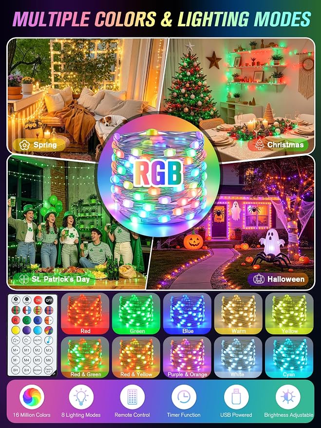JMEXSUSS Smart RGB Fairy Lights, 33FT 100 LED Color Changing String Lights | USB Lights for Bedroom Christmas Party Wedding Classroom Decor, Copper Wire, APP & Voice Control, Music Sync, Group Control