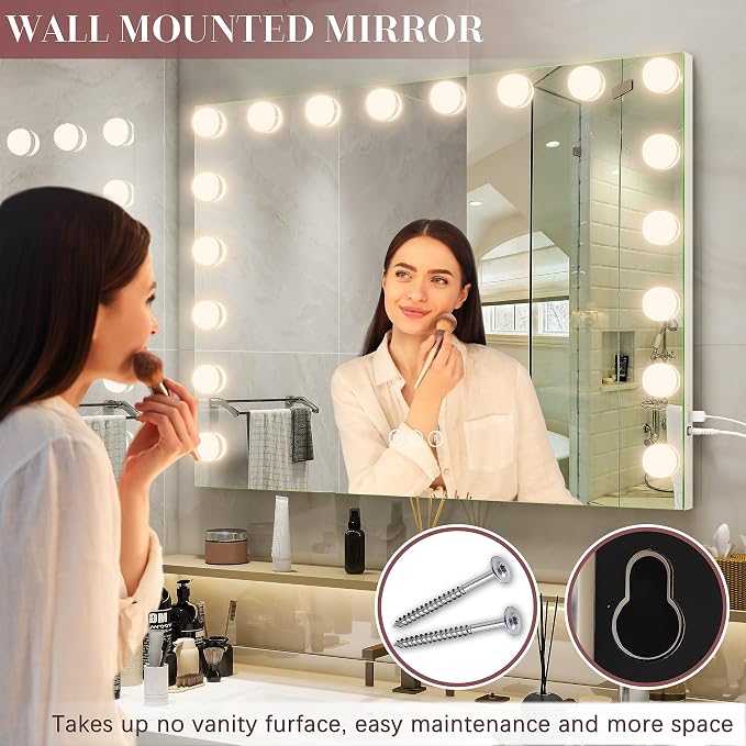 ROLOVE 32"x24" Hollywood Vanity Mirror with Lights, 15 Dimmable LED Bulbs, 3 Color Modes, 10X Magnification, USB Charging Port, Tabletop or Wall-Mounted