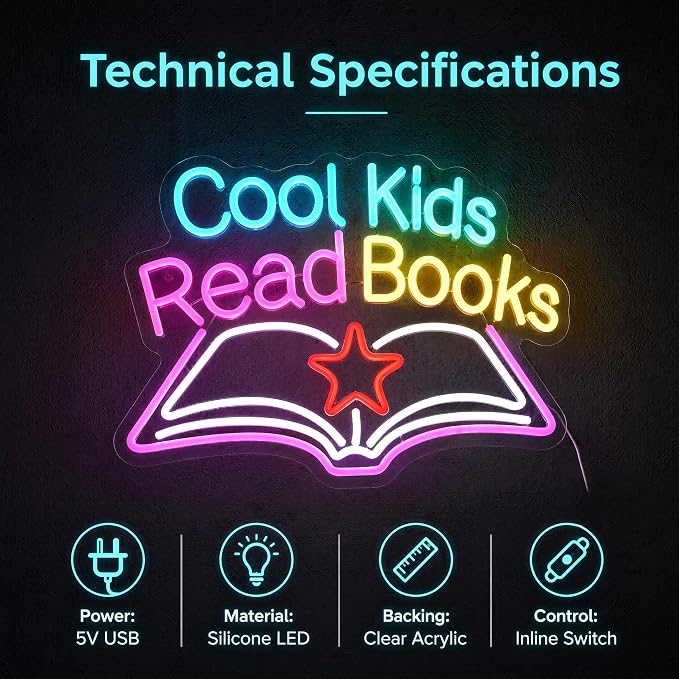 Cool Kids Read Books Neon Sign - Classroom Reading Corner Decor | 15.7"x11.8" Book-Shaped Light with Dimmer, 6.5ft USB Powered, Hanging Chain Included, Night Reading Lamp