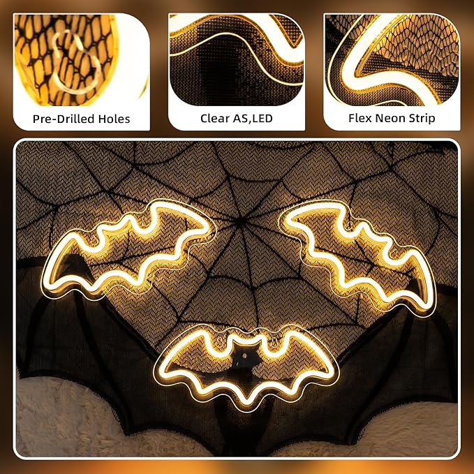 NOSUN 3 Bats Shape Neon Signs Night Lights Warm White Bats LED Light for Bedroom Bar Wall Halloween Decor Home Cafe Recreation Room Wall Artwork
