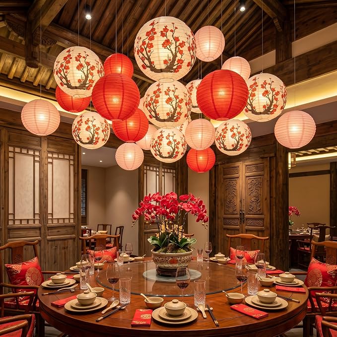 Mudder 20 Pieces Chinese Japanese Paper Lanterns Includes Cherry Flowers Paper Lanterns for Hibachi Birthday Party Asia Home Restaurant Wedding Decor(Red White and Pink,Modern Style)
