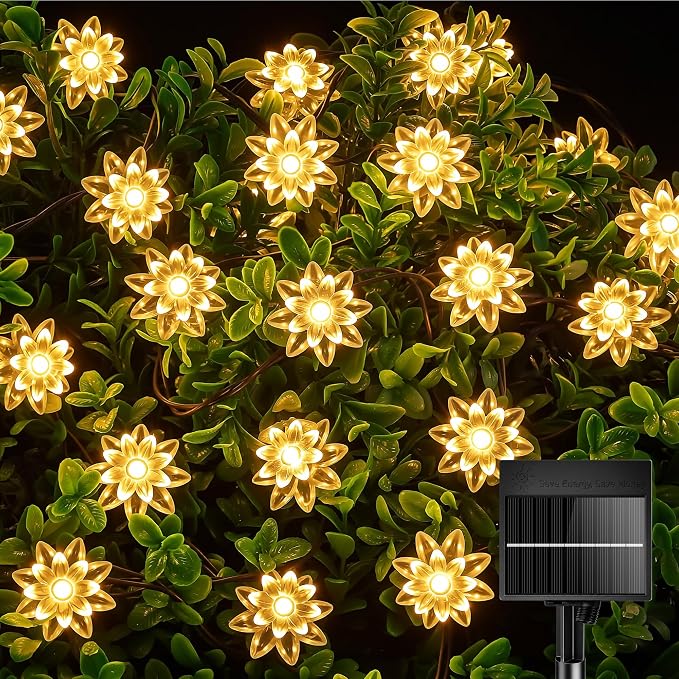 Brightown 50 LED Flower Solar String Lights Outdoor Waterproof, Warm White | Solar Christmas Lights with 8 Modes, Fairy Lights for Garden Fence Yard Lawn Tree Wedding Party