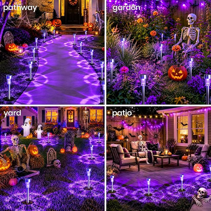 GIGALUMI 16 Pack Purple Solar Halloween Lights,Outdoor Halloween Decoration | Halloween Solar Lights Outdoor Waterproof, Halloween Decor for Yard,Garden,Pathway,Patio,Walkway,Party,Stainless Steel LED