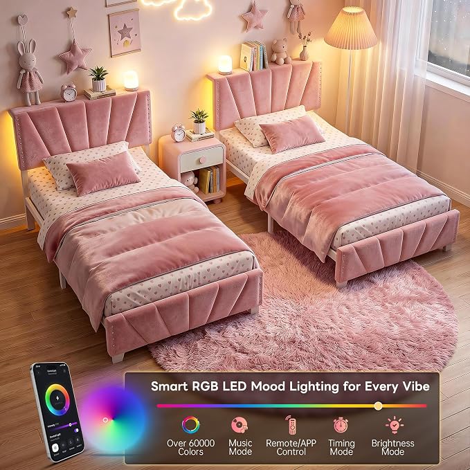 EnHomee Twin Bed Frame with LED Lights & USB, Noise-Free, Pink | Adjustable Velvet Headboard，Under-Bed Storage，Heavy Duty Support with 12 Slats，No Box Spring Needed，Easy Assembly for Bedroom