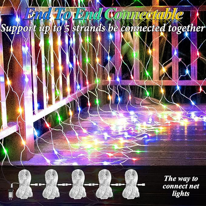 Lovelite 8ft x 8ft Net Lights, 180LED Gazebo Lights Outdoor 8 Modes Timer, Waterproof Connectable Christmas String Lights Clear Wire Plug in for Bushes Patio Pergolas Garden Holiday Party - Mulicolor