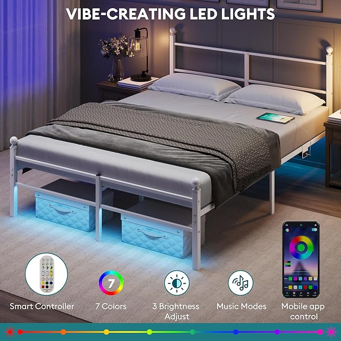 Full Size Bed Frame with Headboard - Metal Platform Bed with LED Lights, Charging Station, Under Bed Storage and Heavy Duty Steel Slats Support - No Box Spring Needed, Easy Assembly, White