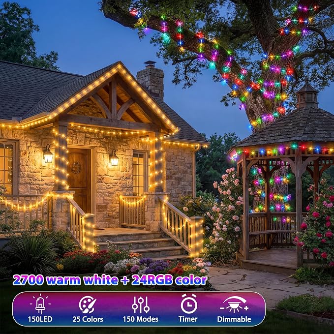 50FT 150 LED Fairy Lights Plug in, 30V 24 RGB Colors+Warm White Color Changing Twinkle Lights, 150 Lighting Modes Timer with Remote for Bedroom Trees Garden Party Wedding DIY Décor