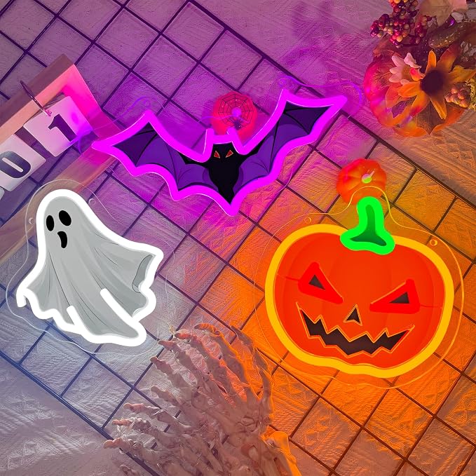 3Pcs Halloween Neon Signs Set Dimmable Pumpkin Ghost Bat Led Neon Light | USB Powered UV-Printed Spooky Neon Light Up Sign for Game Room Wall Halloween Party Presents Holiday Home Decorations