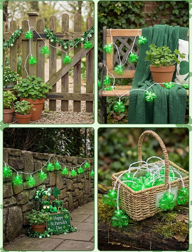 Shamrock String Lights, 8.5Ft St Patrick's Day Decorations with 10 3D Green Clover Lights, Plug in Clover Fairy String Lights for Party Bar Garden Bedroom Party Irish Holiday Decor