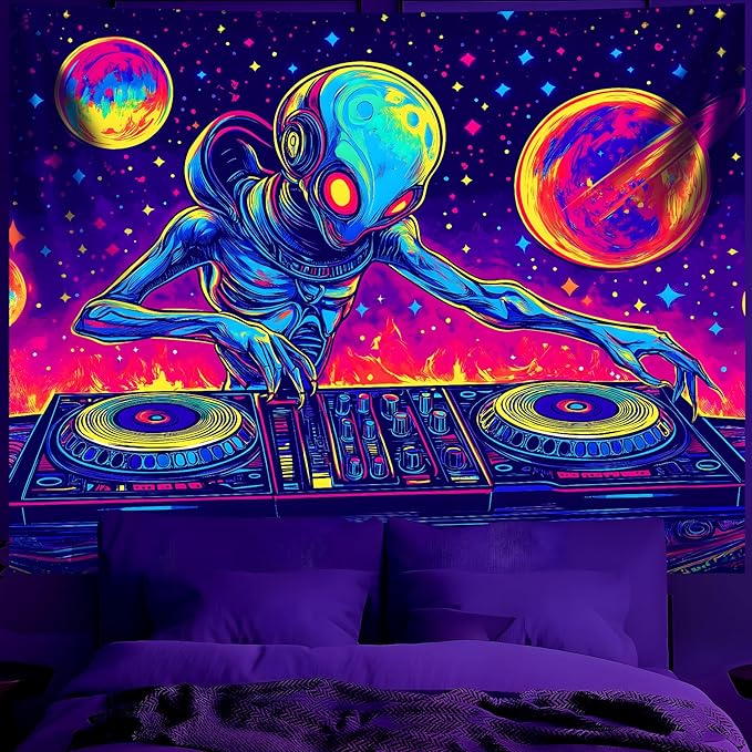 BVBOX Blacklight Space Astronaut Tapestry UV Reactive Galaxy Planet Glow in Dark Tapestries Black Light Poster Neon Wall Hanging Art for bedroom Living Room (Alien1-1M)