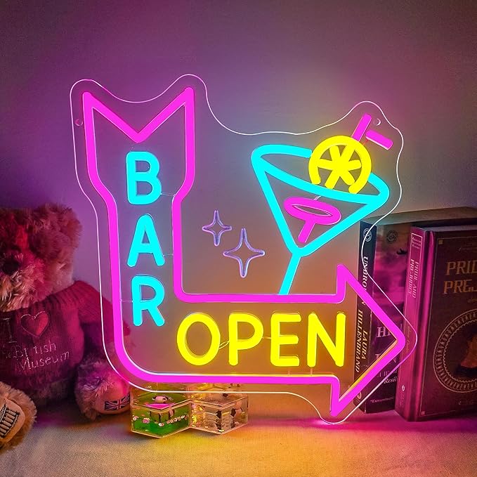 Bar Open Neon Sign for Business,Cocktails Led Pink Neon Lights, Neon Bar Signs for Wall Decor, Arrow USB Light Letter Sign Neon for Gift Store Beer Bar Restaurant Man Cave Hotel Window Cafe Bistro Club Halloween Party