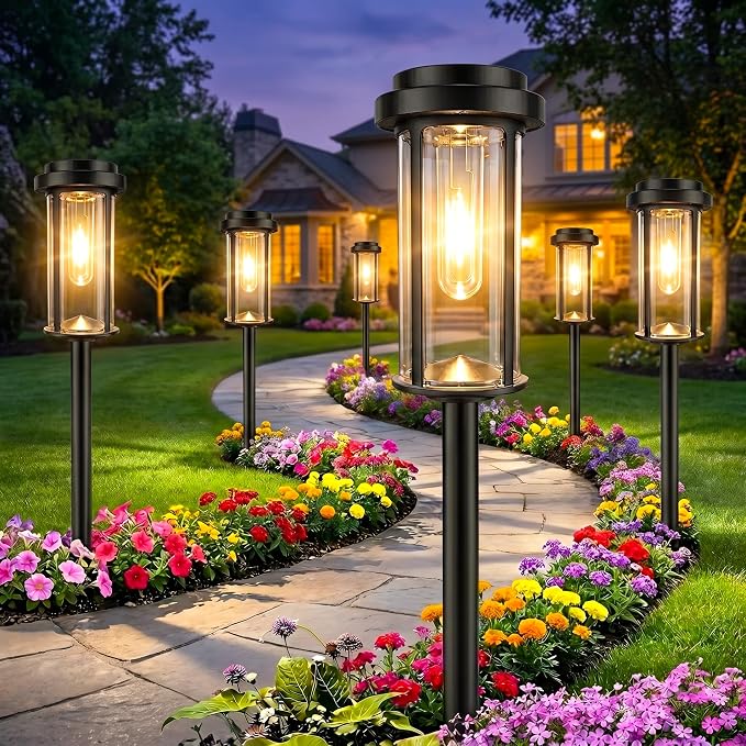 DERAYSION 12 Pack Solar Lights Outdoor, 21" Solar Pathway Lights Auto On/Off Waterproof Garden Lights for Path, Yard, Walkway, Driveway Decor, Warm White
