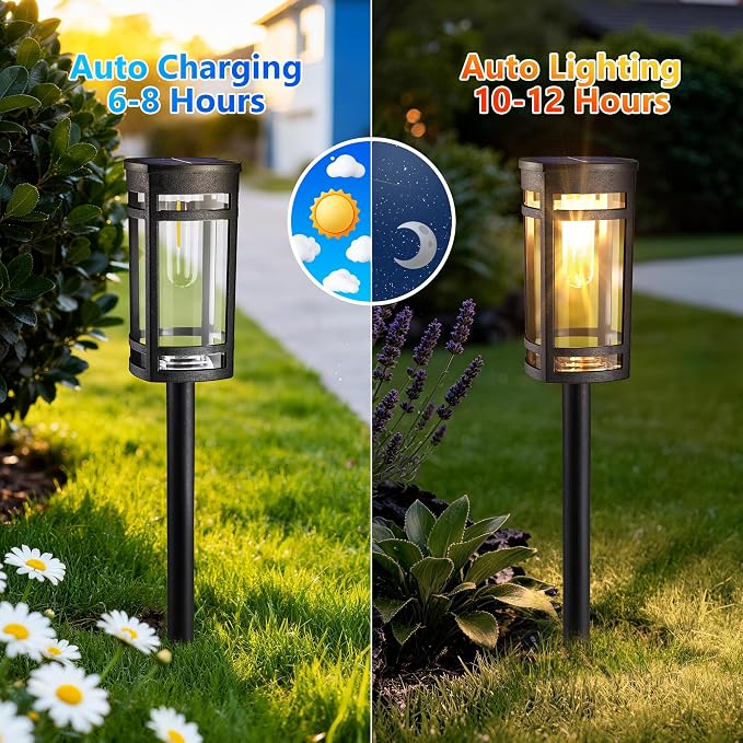 Jyoiat 6 Pack Solar Lights Outdoor, Waterproof Pathway Lights, Warm White | Solar Garden Lights with Auto On/Off for Walkways, Lawns, Paths and Yards; No Wiring Required for Easy Ground Installation