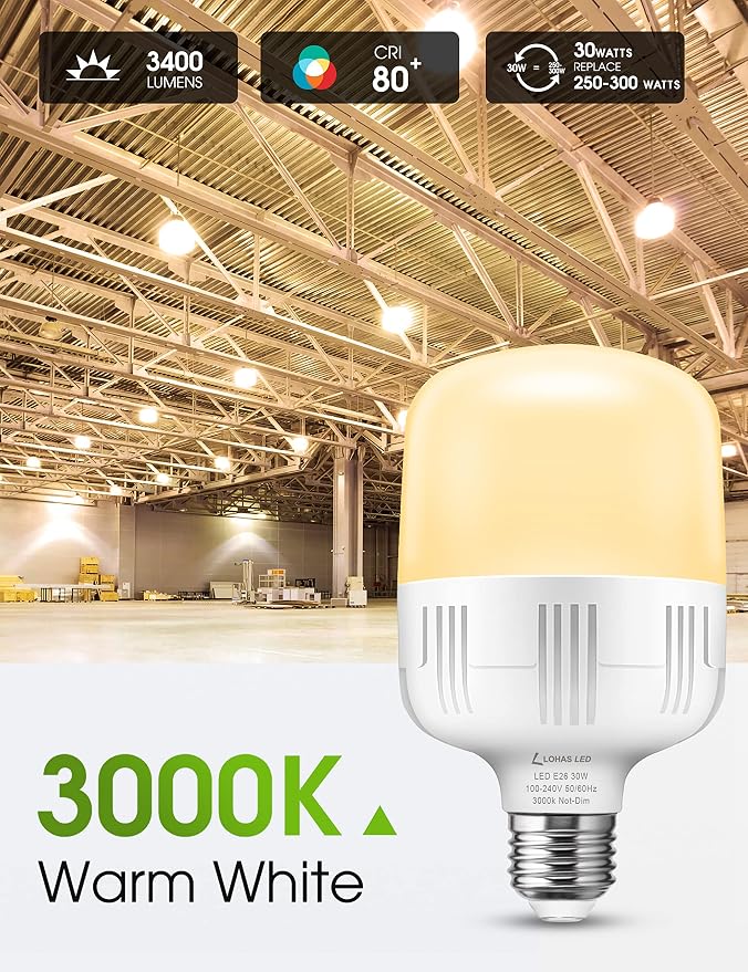 L LOHAS LED Super Bright Light Bulbs, 250-300W Equivalent | 3400LM E26 Garage LED Bulb, 3000K Soft White, 30 Watt High Lumen LED Bulb, w/E39 Adapter for Commercial Warehouse Factory Bac