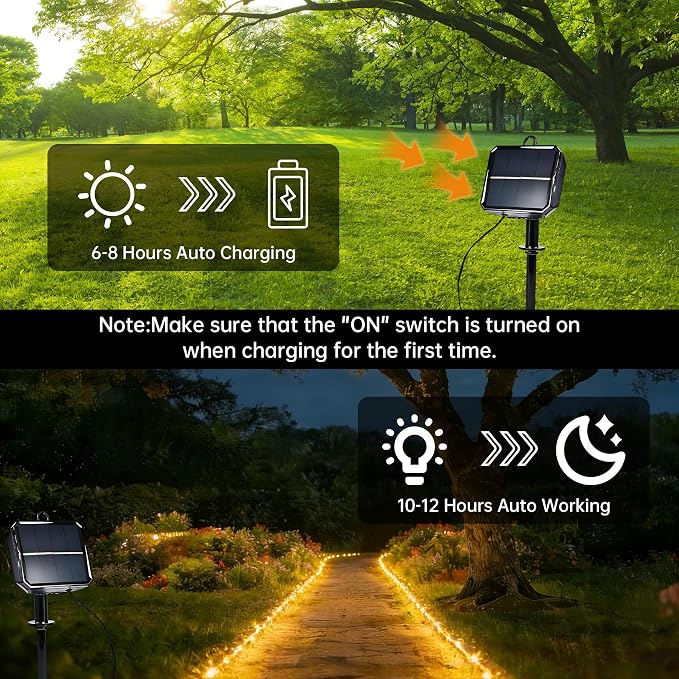 Solar Roep Lights for outside, 33ft 100 LED Solar string Lights with 8 Modes, Waterproof Solar Outdoor Light for Patio Garden Party Tree Proch Pool Fence Outdoor Holiday Xmas Decor-Warm White