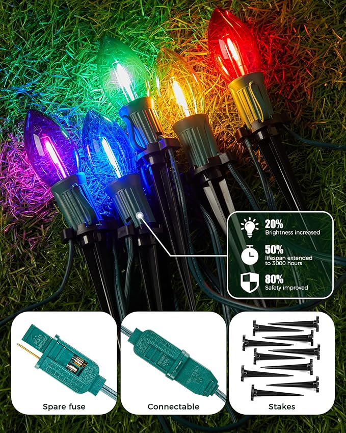 C9 Christmas Lights Outdoor, 2 Packs Total 51.4 Ft Christmas Pathway Lights with 40 LED Bulbs and Stakes, Outdoor Decorations Yard Walkway Sidewalk Holiday, Multicolor