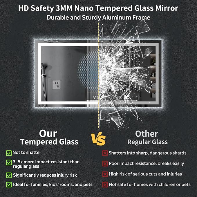 60"x30" LED Bathroom Mirror with Lights, Backlit+Frontlit, Anti-Fog | CRI 95, Stepless Dimmable, 3 Colors Lighting, Shatterproof Tempered Glass, HD Reflection, Memory, (Horizontal/Vertical)